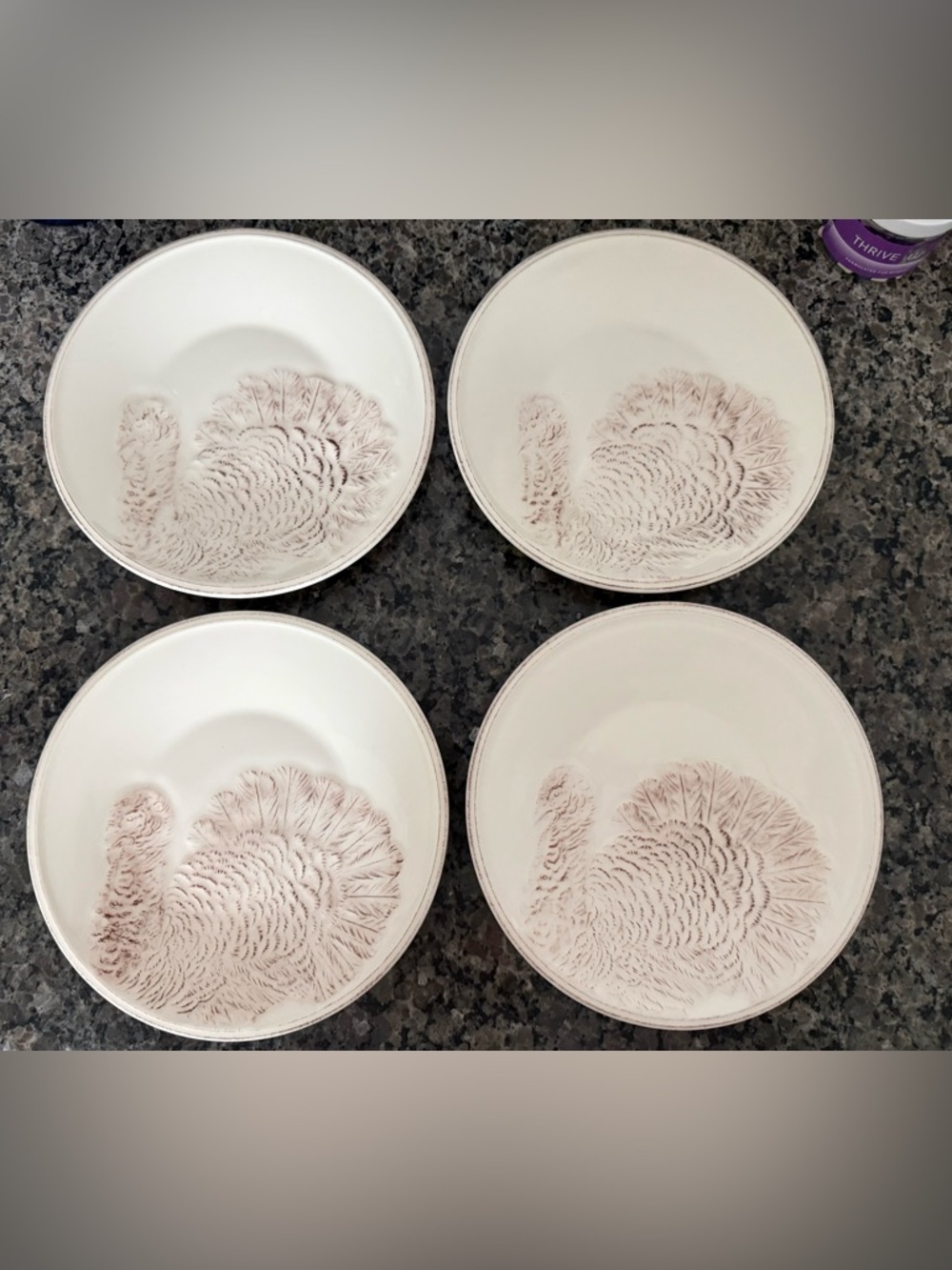 Set of 4 White Ceramic Turkey Plates with Brown Feather Detail